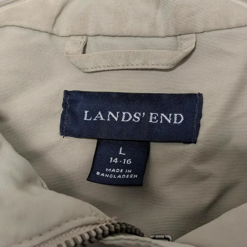 Lands' End Jacket Mens Large 14-16 Tan‎ Khaki Zip Front Button Placket Pockets